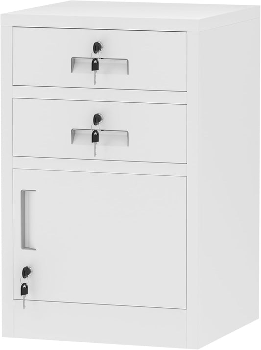 Metal Storage Cabinet with Locking Door and 2 Lockable Drawers for Home Office Bedroom Living Room (White)