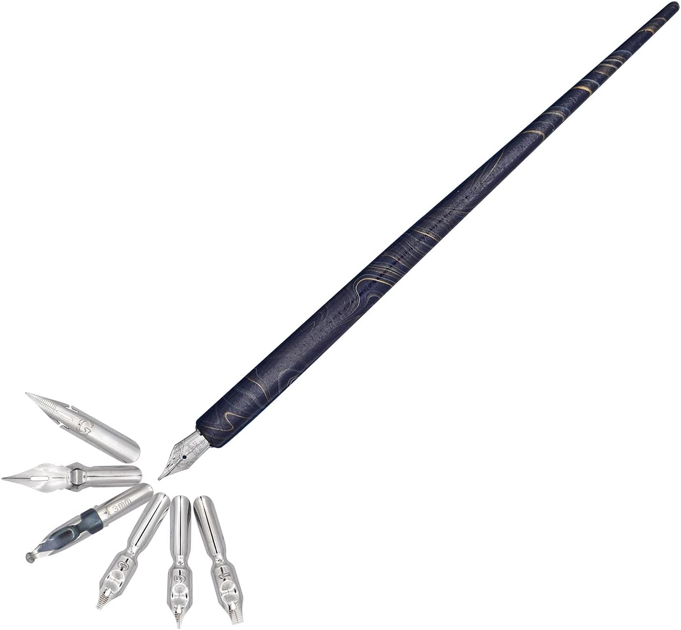 Gullor Wooden Dip Pen Calligraphy Set with Black Ink & 6 Nibs for Beginners, Kids, Writing, Signatures and Drawing, Blue