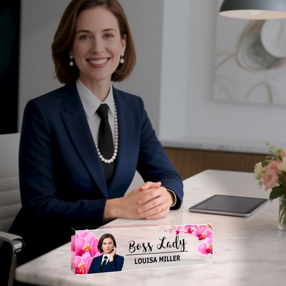 Personalized Photo Customizable Acrylic Desk Name Plate - Engraved Name & Title with Uploaded Image for Office, Lawyer Gifts, Teacher Decor
