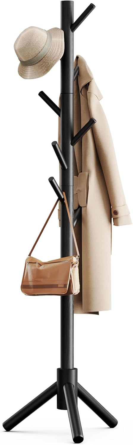 Pipishell Sturdy Wooden Coat Stand, 3 Adjustable Sizes Coat Tree with 8 Hooks, Coat Stands for Hallway Entryway, Hat Stand for Clothes, Used in Bedroom/Office/Hallway/Entryway, Black