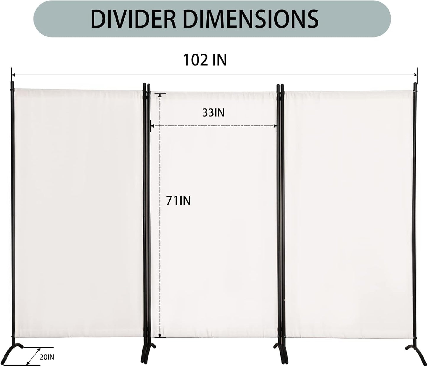 Room Divider 3-Panel Privacy Screen, Portable Screen Steel Frame with Hook&Loop for Home, Office, Classroom, Studio, Meeting (White