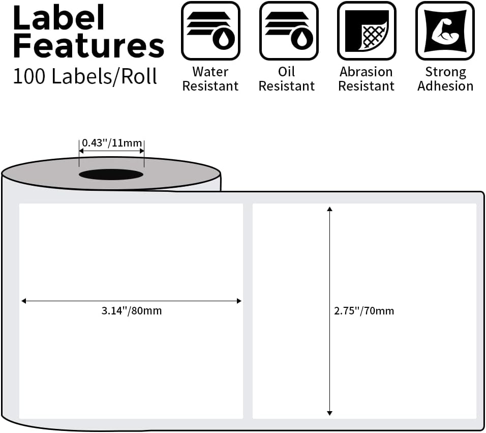 Phomemo Multi-Purpose Square Self-Adhesive Label for Phomemo M220/M250/M260/M221/M200/M421 Label Printer 2.75" x 3.14"(70x80mm), 100 Pcs/Roll Black on White