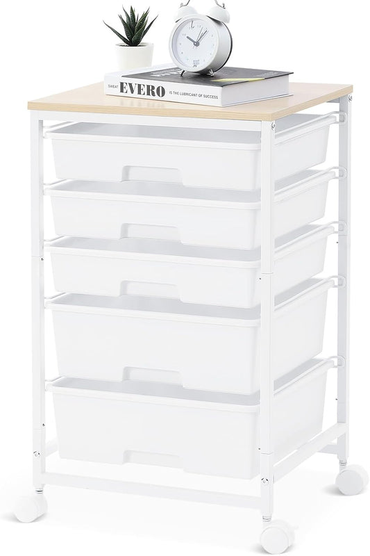Utility Cart with 5 Drawers,Storage Drawer Cart with Wooden Tabletop and Lockable Wheels,Craft Storage Trolley Cart,5-Tier Rolling Utility Cart on Wheels,Bright White