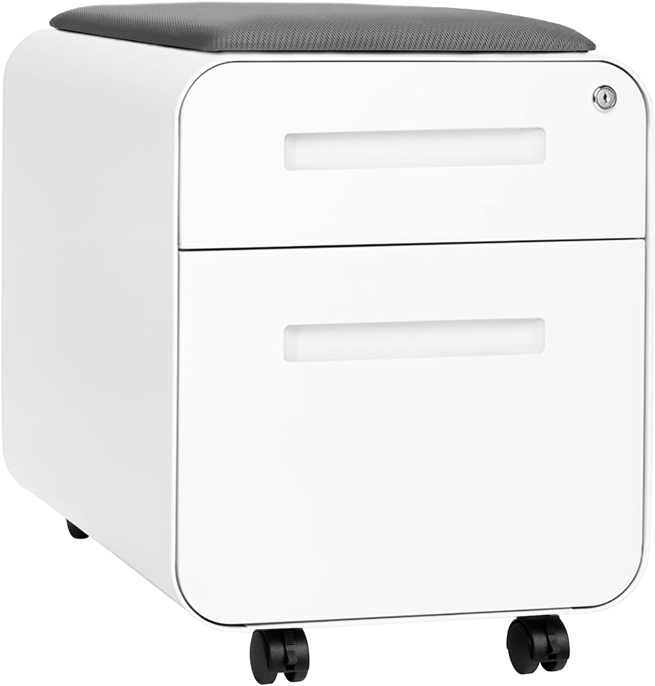 Laura Davidson Furniture STOCKPILE Mini Seated 2 Drawer Mobile File Cabinet with Removable Magnetic Cushion Seat - Short Version, Metal Filing Cabinet, Pre-Assembled, White with Grey Cushion