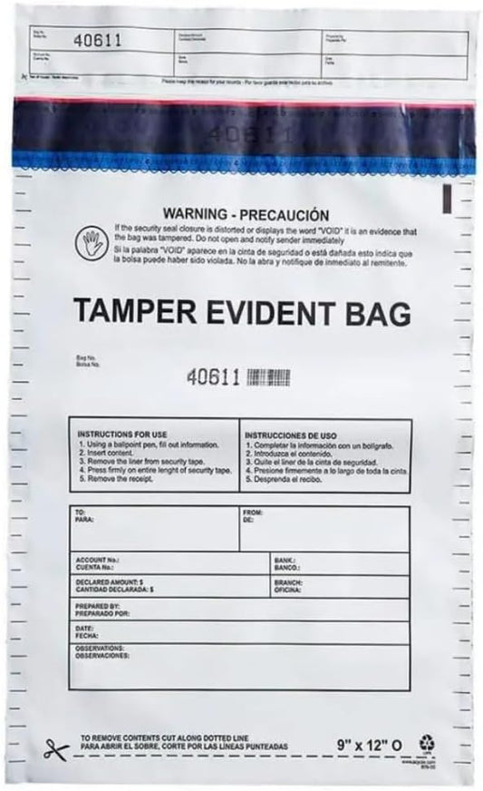 12”x16" Opaque Plastic Deposit Bags with Security Tape Tamper Evident - Secure Bank Deposits, Cash Handling, & Currency Transport | Self-Sealing Tape with Hidden Graphics | 100-Pack