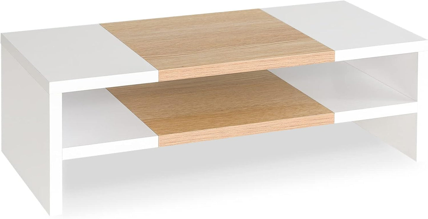 TEAMIX 2 Tiers Desktop Monitor Stand Riser 20 Inch Printer Stand with Storage Small TV Riser Laptop Wooden Desk Organizer Shelf Bookshelf Maple (White+Maple, 2 Tiers)