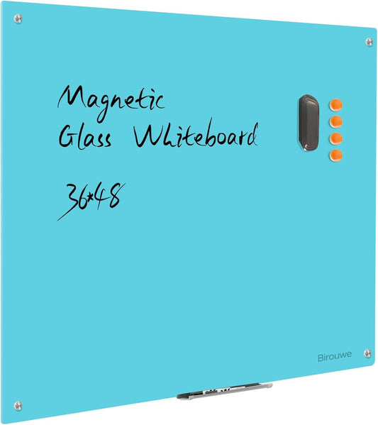Magnetic Glass Dry Erase Board - White Board 48 x 36 Inch Wall Mounted Glass Whiteboard, Large Frameless Glass White Board for Wall Office, Home & School, Blue