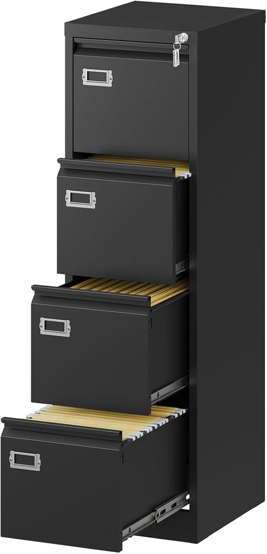 File Cabinet - 4 Drawers Vertical 17.8" Deep Lockable Filing Cabinet Black Metal Storage Cabinets for Home Office to Hanging Files Letter/Legal/F4/A4 Size