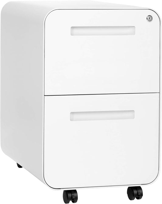 Laura Davidson Furniture Stockpile 2 Drawer Mobile File Cabinet with Lock - Under Desk Metal Filing Cabinet, Legal/Letter File Folders, Wheels and Stationary Feet, Pre-Assembled, White