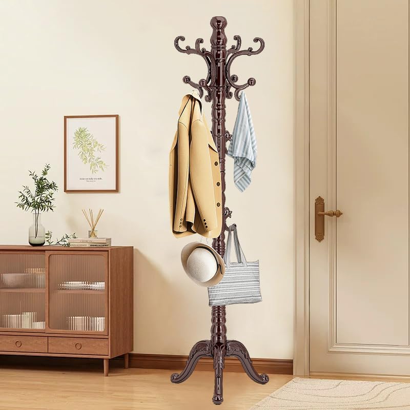 Wooden Coat Rack Stand, Vintage Wood Coat Rack Freestanding with Sturdy Triangle Base, Classic Coat Racks with 14 Hooks, Natural Birch Wood Coat Tree Hanger Stand for Entryway,Office