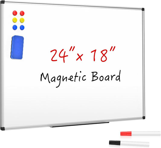 Magnetic Dry Erase Whiteboard 24 x 18 Inch - Small White Board, Silver Aluminum Frame Wall-Mounted, Magnetic Eraser, 2 Pens, Detachable Marker Tray, 6 Magnets for Office, School