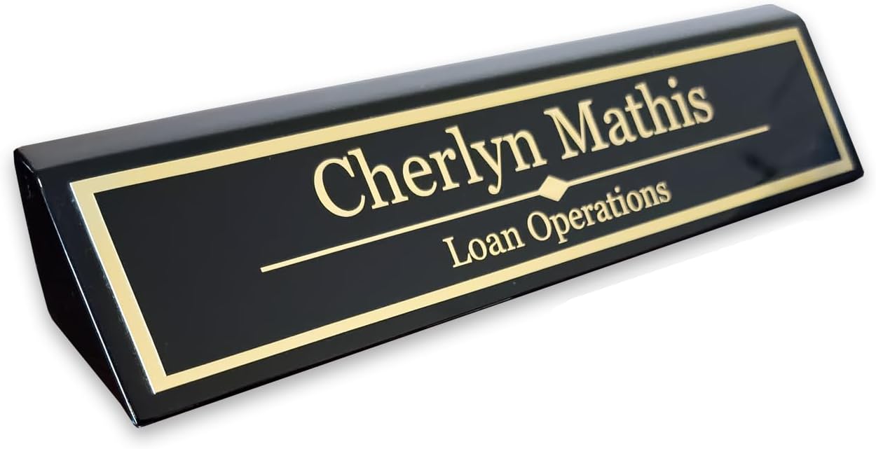 Custom Desk Wedge Name Plate - Personalized Titles and Styles (2x8 Inch, Black Piano Finish w/Name Plate)