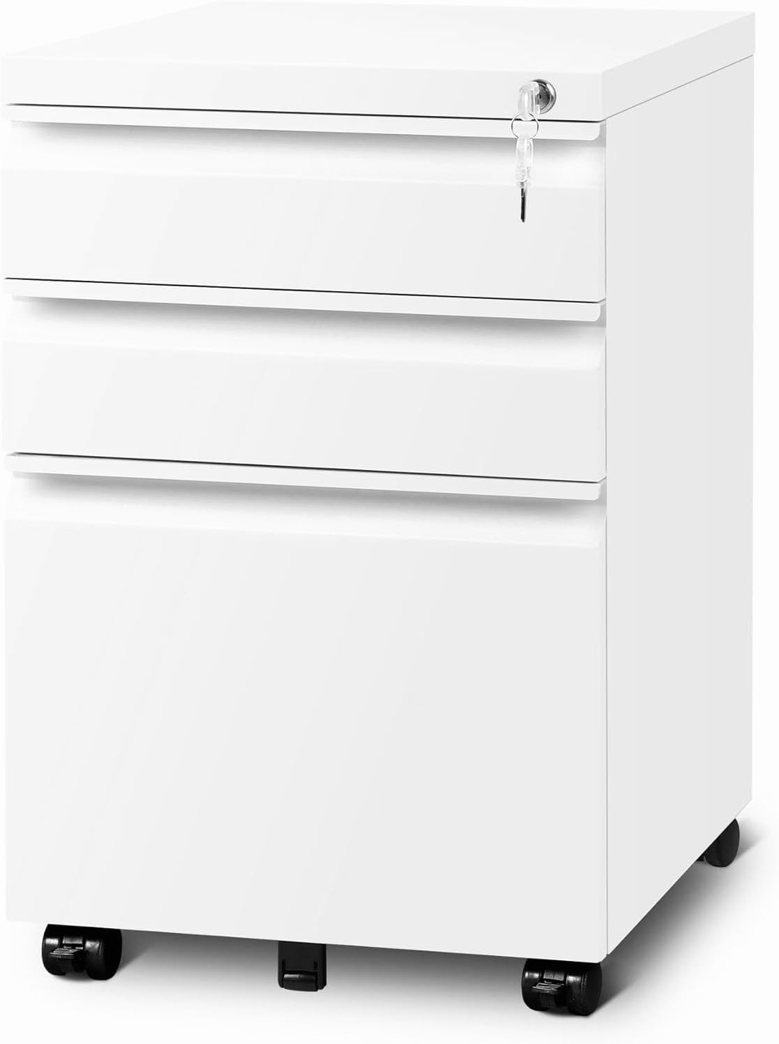 3 Drawer File Cabinet with Lock, File Cabinets for Home Office,Under Desk Cabinet, Locking File Cabinet for A4/Letter/Legal, Fully Assembled Expect Casters, Matte White