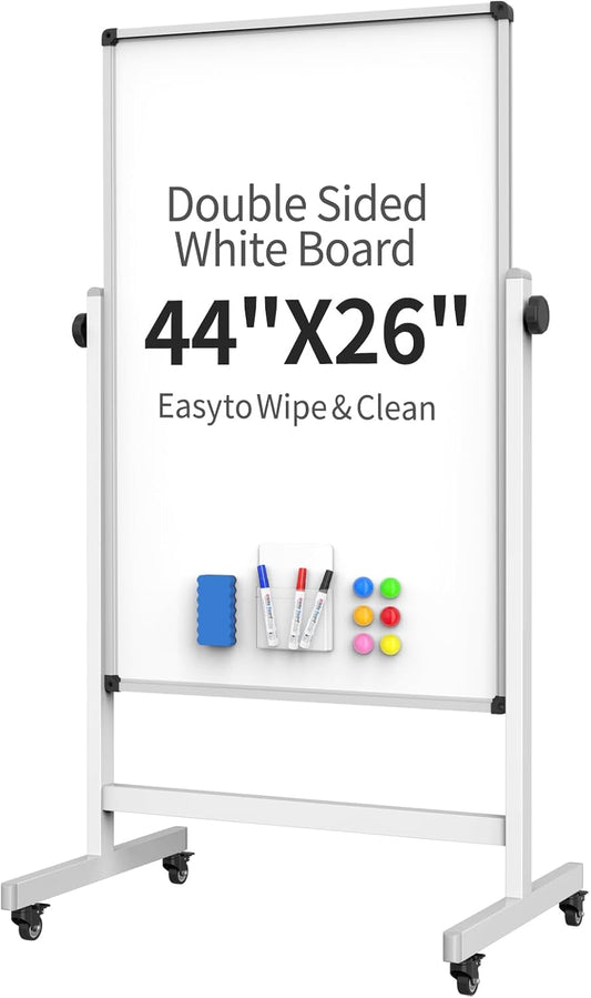 Whiteboard on Wheels, 44x26 Inches Double Sided Magnetic Dry Erase Board Height Adjustable Whiteboard with Stand for Home Office Classroom