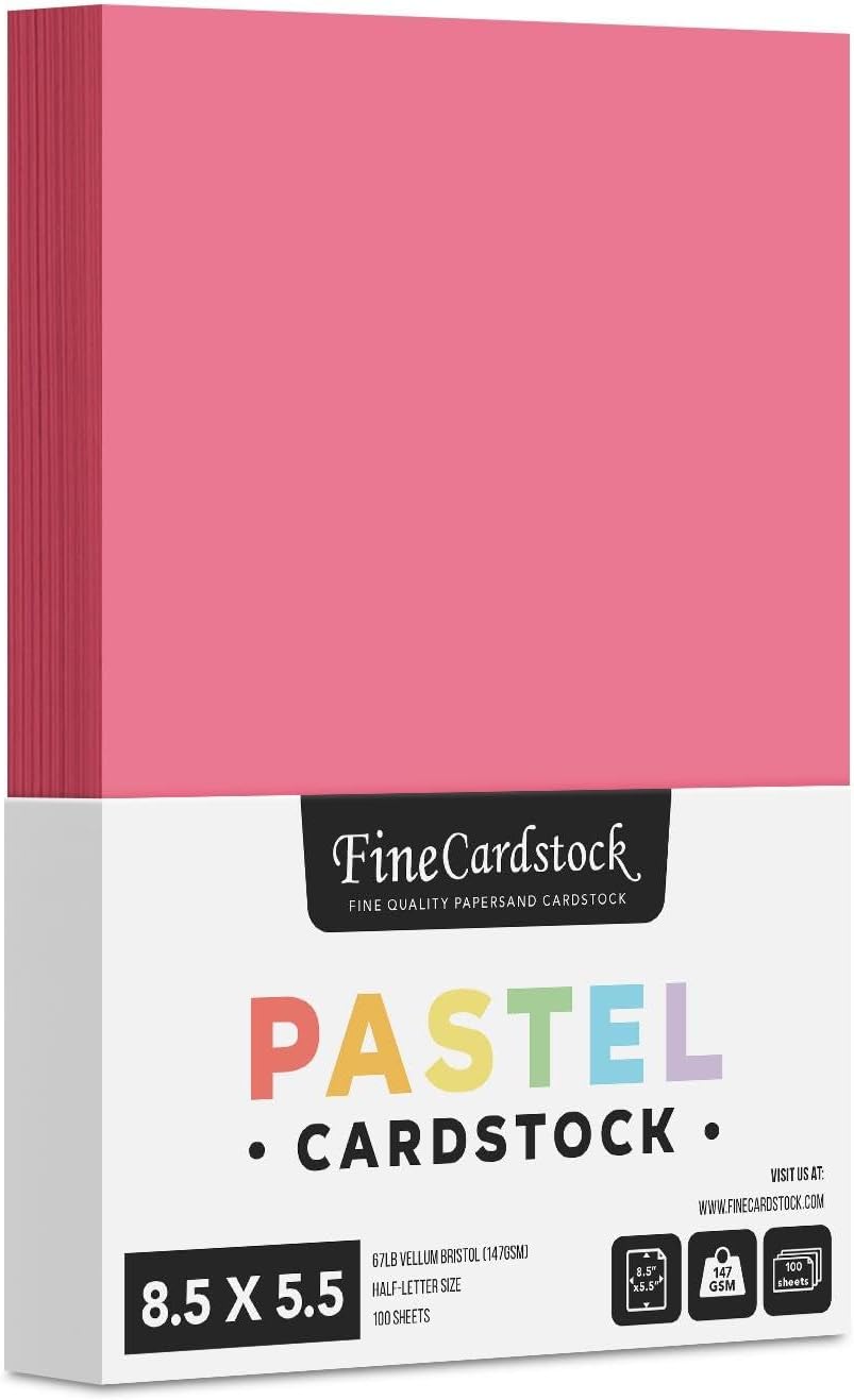 Half Letter Size, 8.5" x 5.5" Pastel Color Cardstock Paper for Arts and Crafts, Scrapbooking, Stationery Printing | Medium Weight 67lb Vellum Bristol (147gsm) Card Stock | 100 Sheets per Pack | Cherry