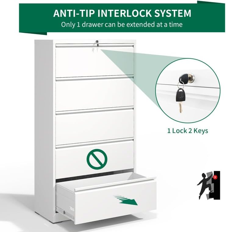 5 Drawer Lateral File Cabinet with Lock, Metal Filing Cabinets for Home Office, Steel Storage Wide File Cabinet for Letter/Legal/F4/A4 Size with Hanging Bars, Assembly Required (White)