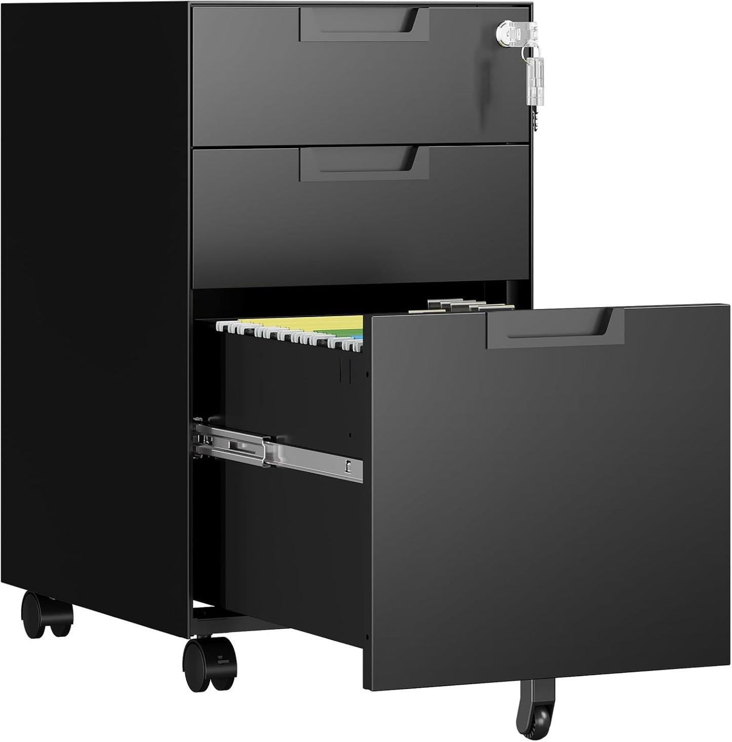 3 Drawer File Cabinet with Lock, Fully Assembled Metal Mobile Filing Cabinets for Home Office, Small Rolling File Caninet on Wheels for Legal/Letter / A4 File, Black