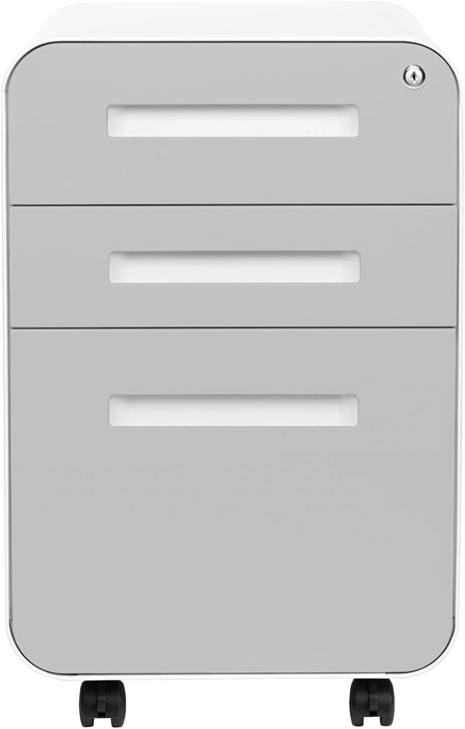 Laura Davidson Furniture Stockpile 3 Drawer File Cabinet with Lock - Under Office Desk Metal Filing Cabinet, Legal/Letter File Folders, Wheels and Stationary Feet, Pre-Assembled, Light Grey Faceplate