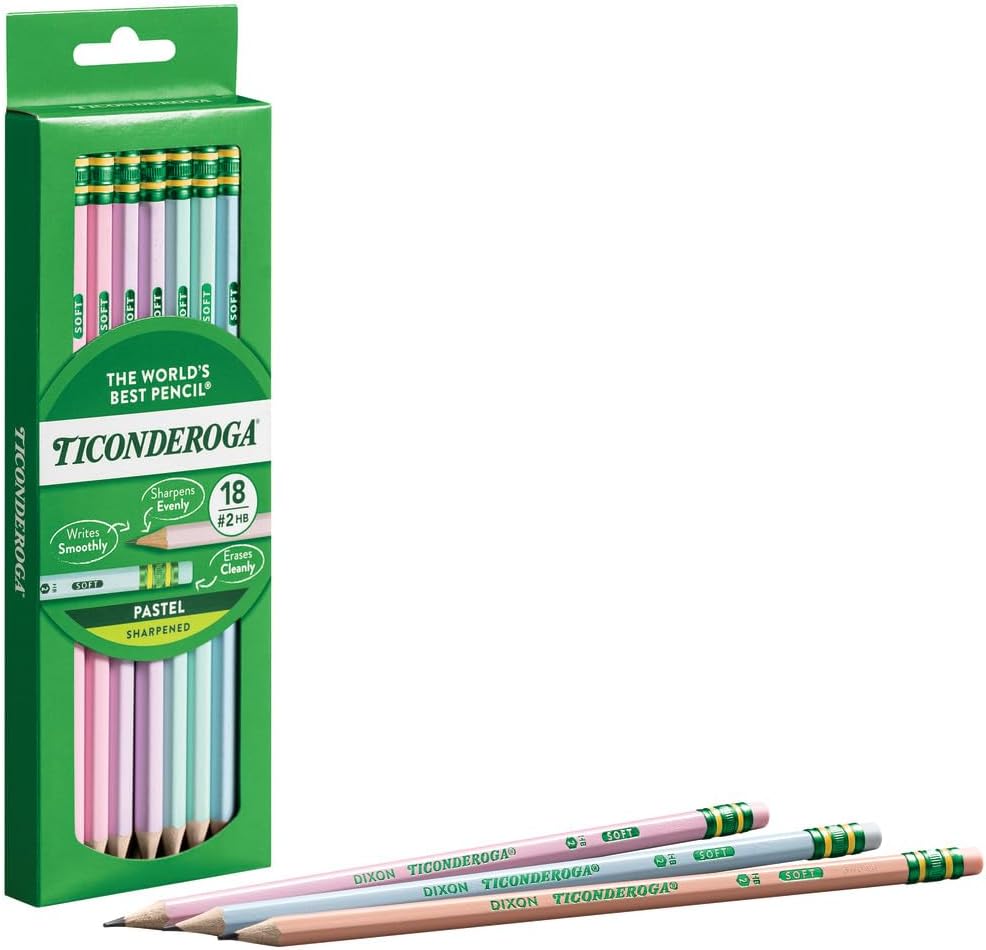 Ticonderoga Wood-Cased Pencils, Pre-Sharpened, 2 HB Soft, Pastel Colors, 18 Count