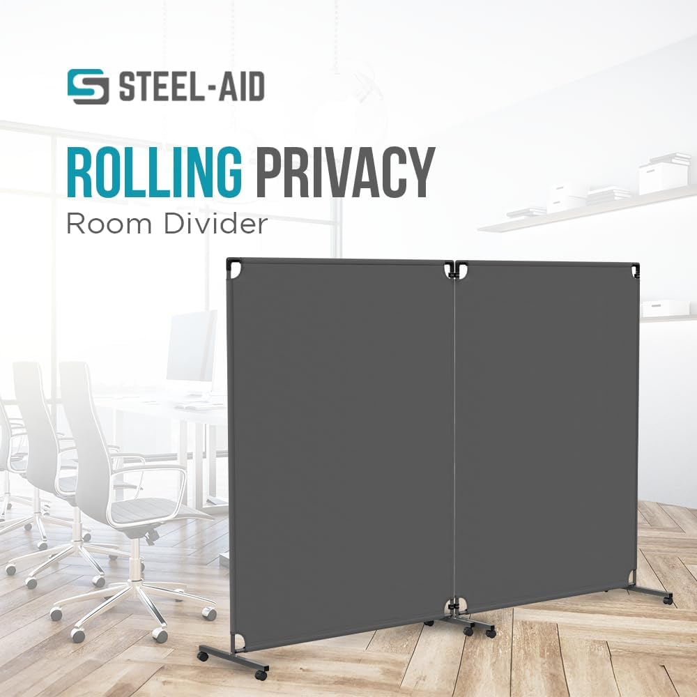 Steel-AID 100-inch Rolling Privacy Room Divider - Freestanding Office Wall Partition with Non See-Through Blackout Screen - Sturdy & Durable Iron Frame - Rolling Wheels - Black, White, Gray & Blue