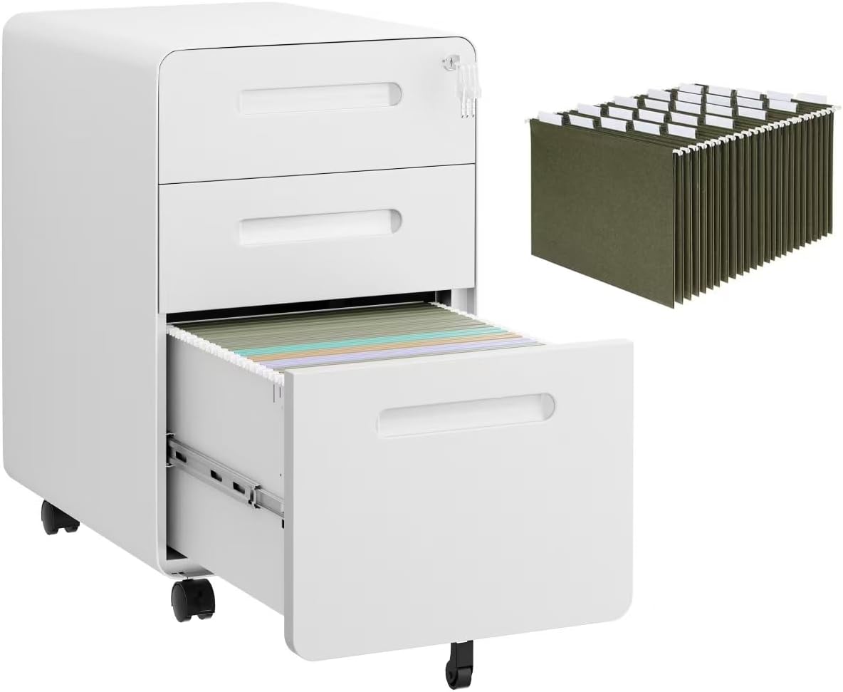 3 Drawer File Cabinet with Lock and 4 Keys, Mobile Metal Filing Cabinet, File Cabinets for Home Office, Under Desk, Pre-Assembly, File Drawer, Letter/Legal/A4 Hanging File Folders