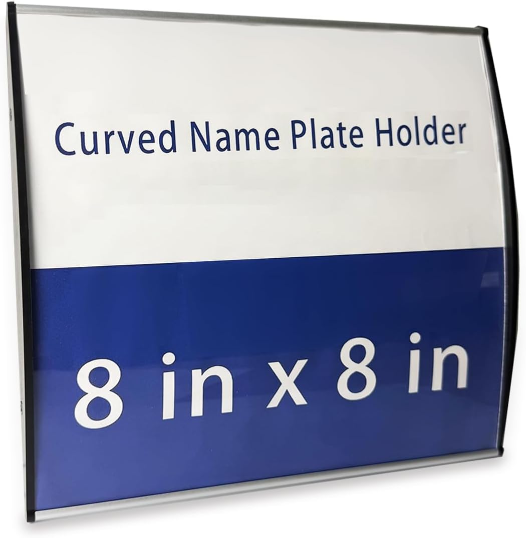 Curved Name Plate Holder 8" x 8" Wall Mount Office Business Door Sign Holder Aluminum Sturdy Office Sign Frame with Adhesive Tape Film for Business Cubicle Custom Display - Silver