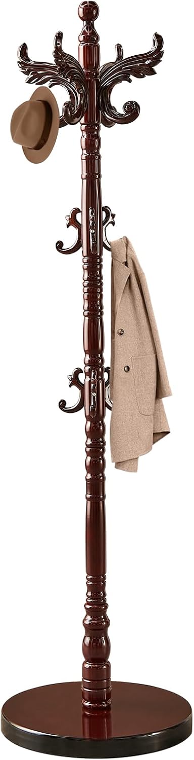 Wooden Coat Rack Stand, Vintage Natural Birch Wood Coat Racks Freestanding, Solid Wood Coat Tree Stand with 14 Hooks, Classic Sturdy Coat Racks Hall Tree for Entryway, Office (Round chassis)