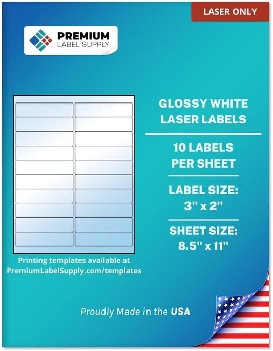 Premium Label Supply Glossy White Address Sticker Labels – 4" x 1" – (20 per Sheet) (Glossy White for Laser Only, 200 Labels)