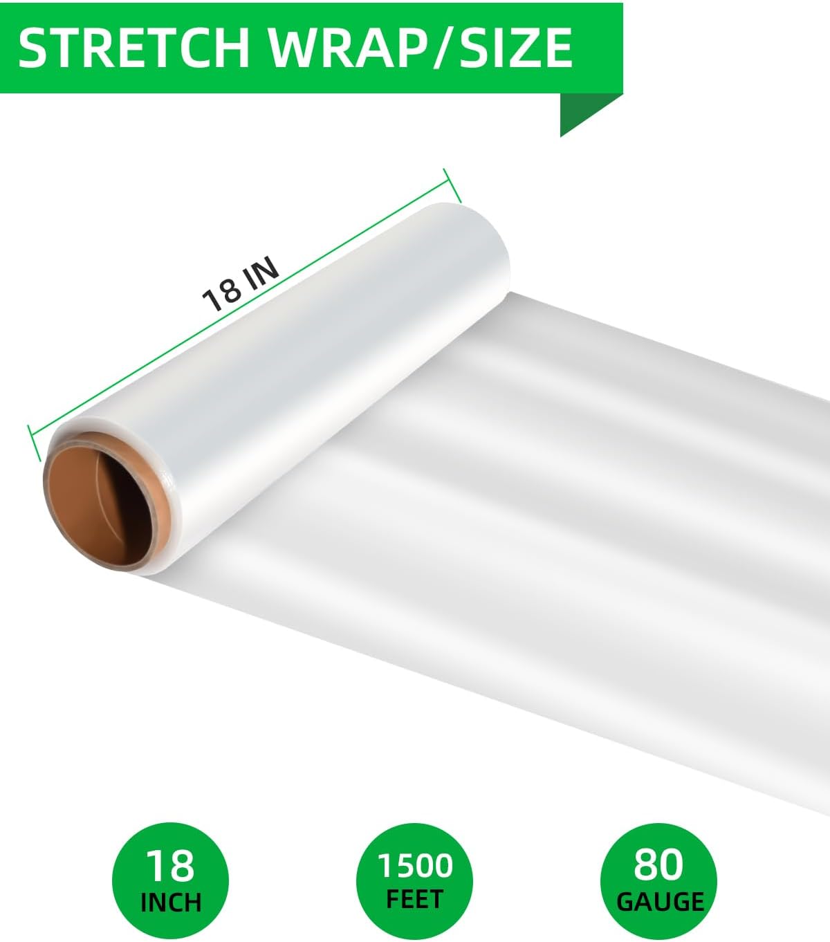 Stretch Wrap Roll - Heavy Duty Industrial Strength 18inch 1500ft,Clear Cling Shrink Wrap Film Roll 80 Gauge - Ideal for Furniture, Moving, Shipping, and Pallet Packing(Clear-4Pack)