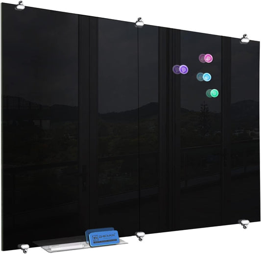 2-in-1 Black Glass Dry Erase Board 60" x 48" - Large Splicing Magnetic Tempered Glass Whiteboard for Wall, Frameless Glass Blackboard Bulletin Board for Office, Home, School