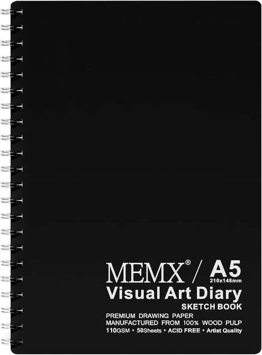 MEMX Poly Cover Sketch Book, 5.5”X8.5” 100 Pages (110gsm), Spiral Bound Artist Sketch Pad Notebook, Durable Acid Free Drawing Paper for Drawing, Writing, Painting, Sketching or Doodling, White