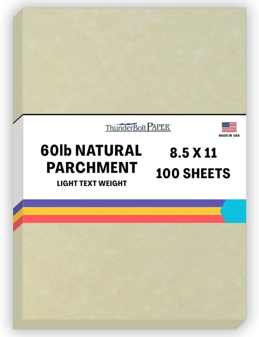 100 Natural Parchment 60# Text (=24# Bond) Paper Sheets - 8.5 X 11 Inches Standard Letter|Flyer Size - 60 Pound is Not Card Weight - Vintage Colored Old Parchment Semblance