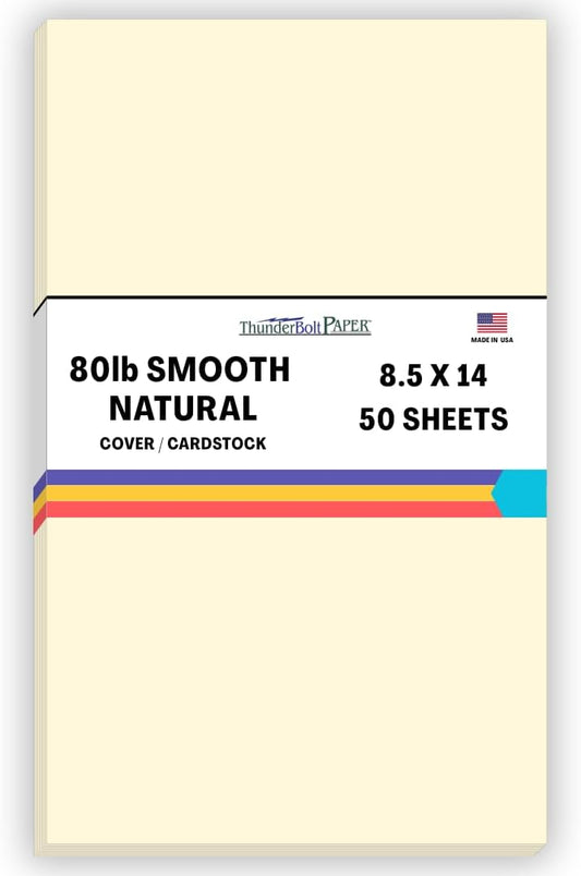 50 Natural Smooth Card Stock Sheets Paper - 8.5 X 14 Inches Legal|Menu Size - 80# (80 lb/Pound) Cover Weight - Quality Paper - Smooth Finish
