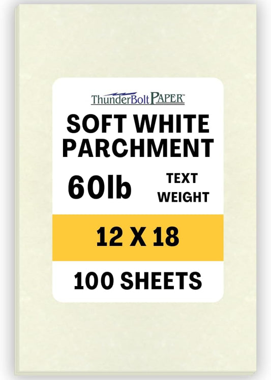 100 Soft White Parchment 60# Text (=24# Bond) Paper Sheets - 12 X 18 Inches Poster | Large Size Size - 60 Pound is Not Card Weight - Vintage Colored Old Parchment Semblance