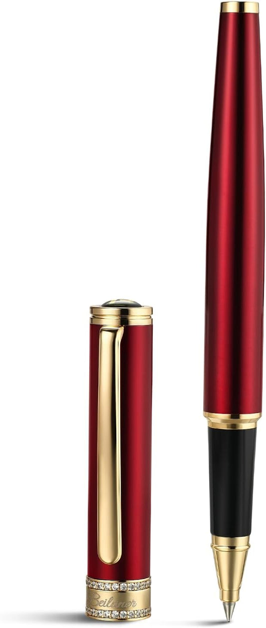 BEILUNER Luxury Rollerball Pen, Diamond-Studded Cap Design, 24K Gold Finish, Noble and Elegant, Schneider Ink Refill, Fancy Pen Gift Set for Women & Men, Executive Office, Nice Designer Pens