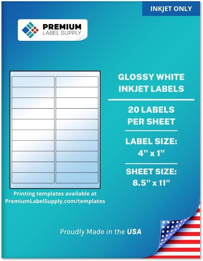 Premium Label Supply Glossy White Address Sticker Labels – 4" x 1" – (20 per Sheet) (Glossy White for Inkjet Only, 200 Labels)