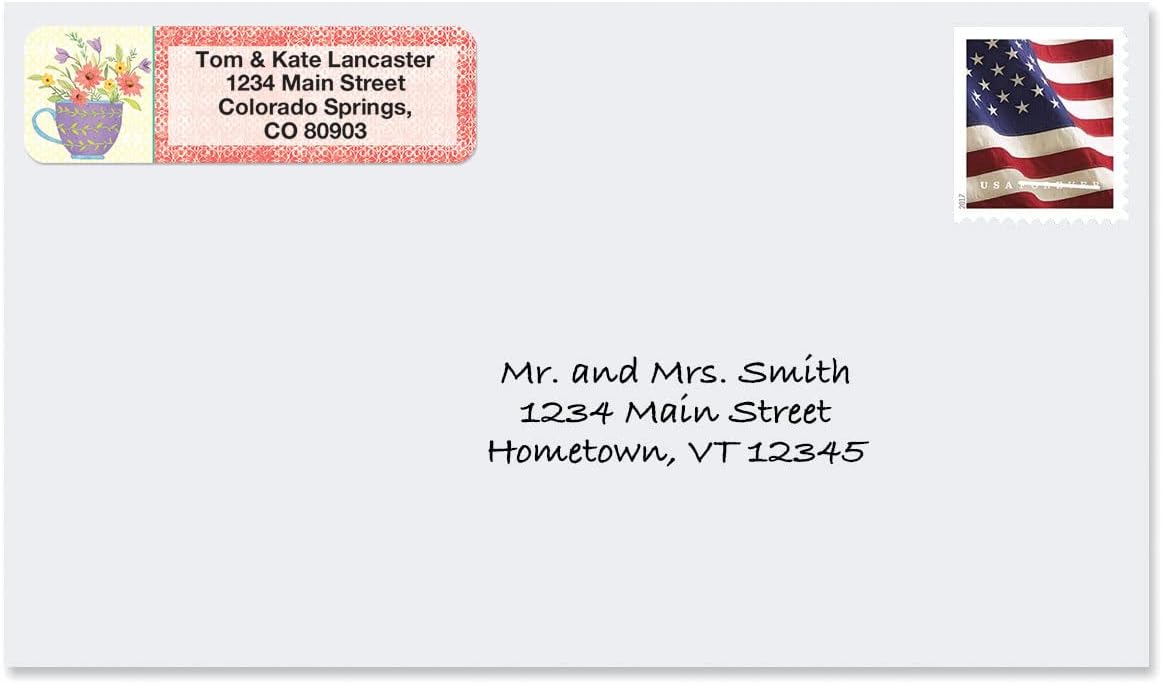 Teacups Rolled Personalized Return Address Mailing Labels with Dispenser, Set of 250, 5 Designs, Small ¾ x 2½ Inch Size, Custom Self-Adhesive Sticker Roll, by Colorful Images