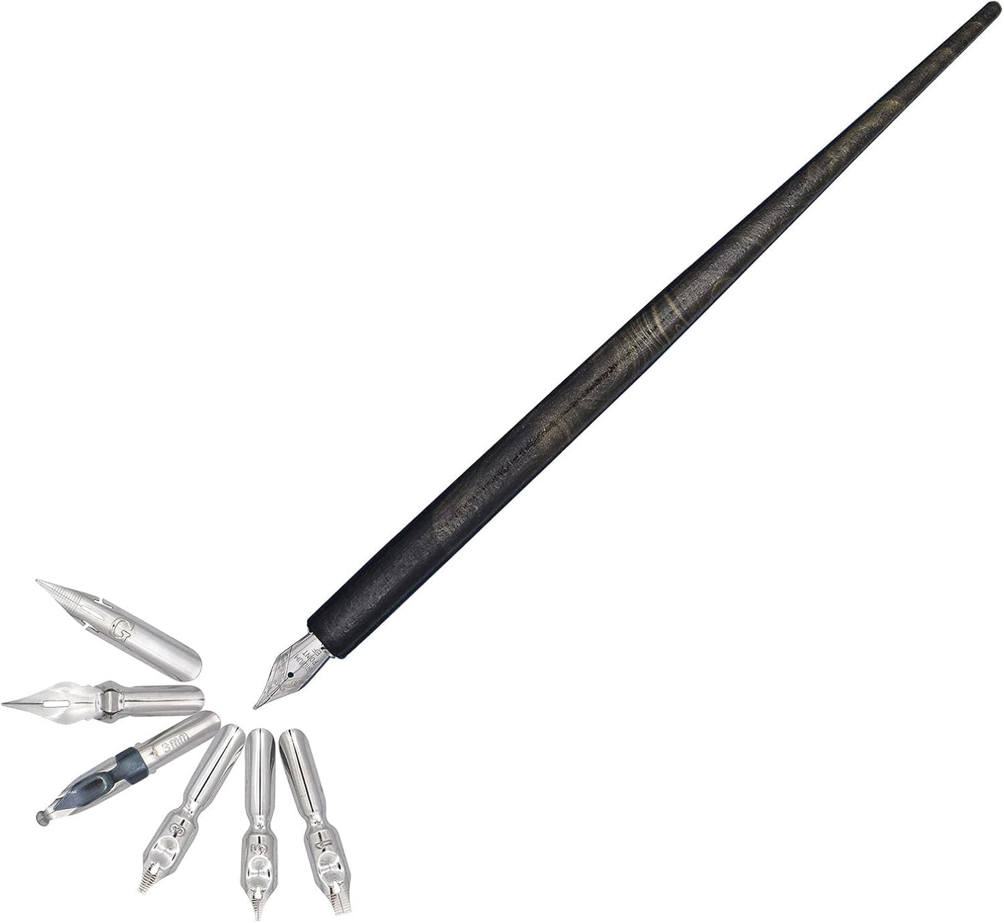 Gullor Wooden Dip Pen Calligraphy Set with Black Ink & 6 Nibs for Beginners, Kids, Writing, Signatures and Drawing, Black