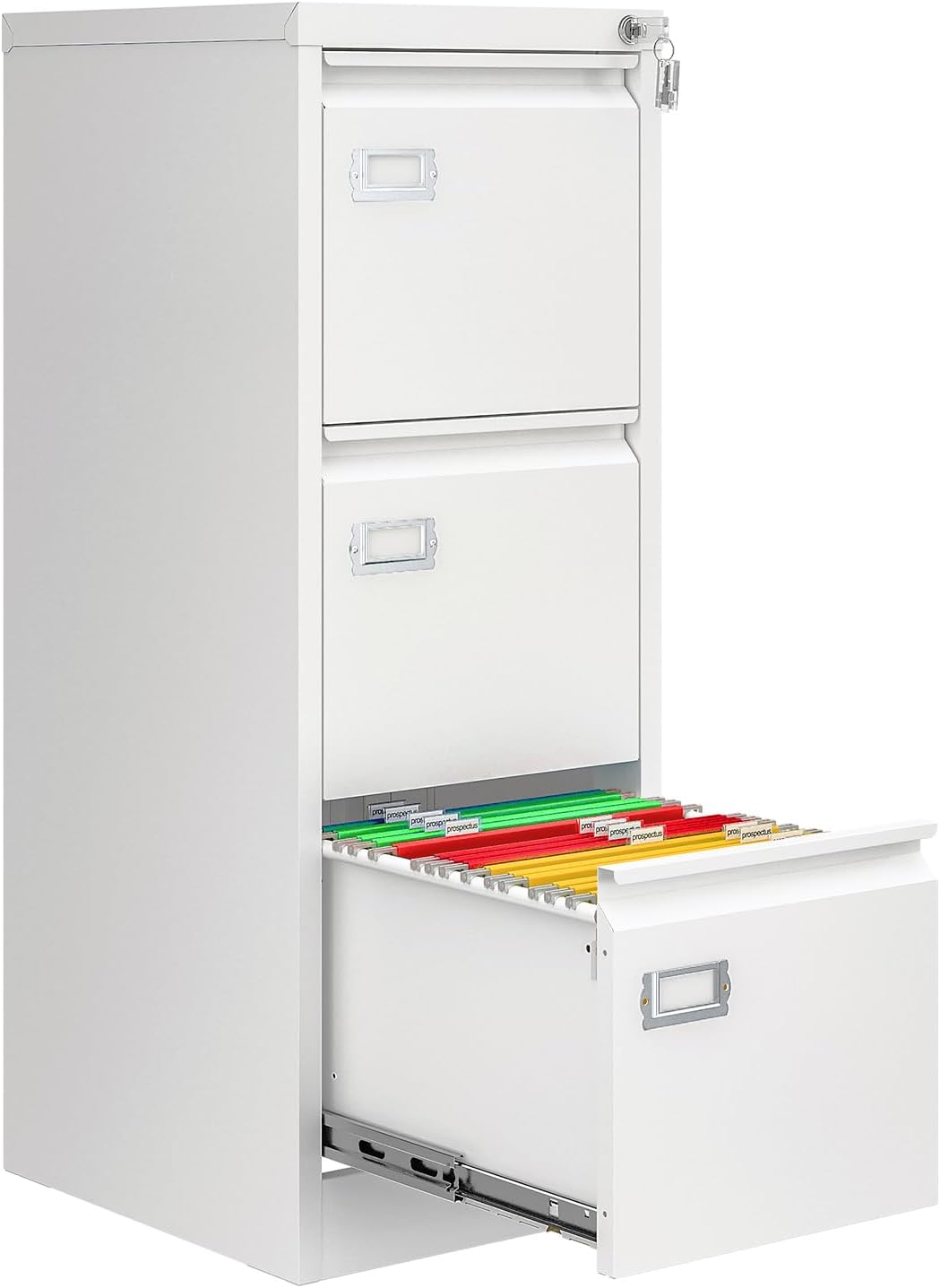 3 Drawer File Cabinet with Lock, Metal Filing Cabinets for Home Office, Vertical White Locking File Caninet, Steel Narrow Three Drawer File Cabnet for Letter/Legal / A4 / B4- Assembly Required