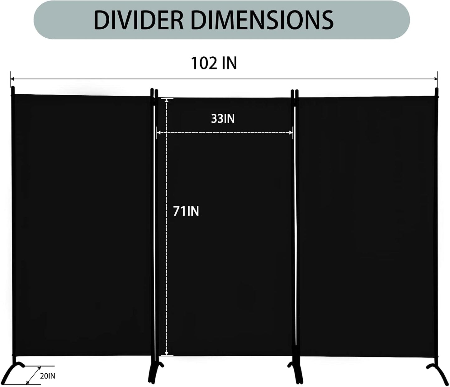 Room Divider 3-Panel Privacy Screen, Portable Screen Steel Frame with Hook&Loop for Home, Office, Classroom, Studio, Meeting (Black