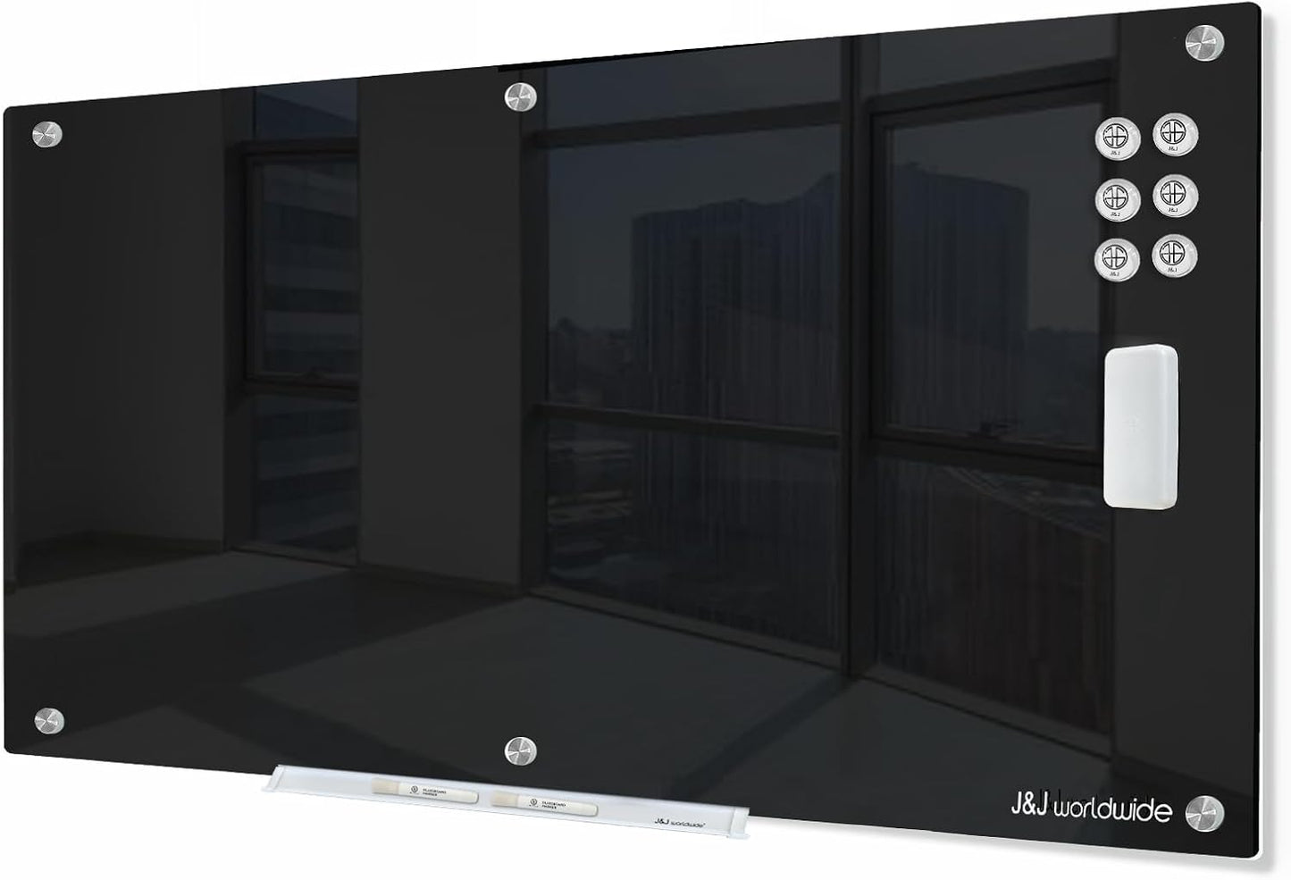 J&J worldwide Glass Whiteboard 6' x 4', Magnetic Black Glass Dry Erase Board, Black White Board Frameless, Includes Markers, Magnets, Marker Tray, Eraser for Wall, Office, Home, School
