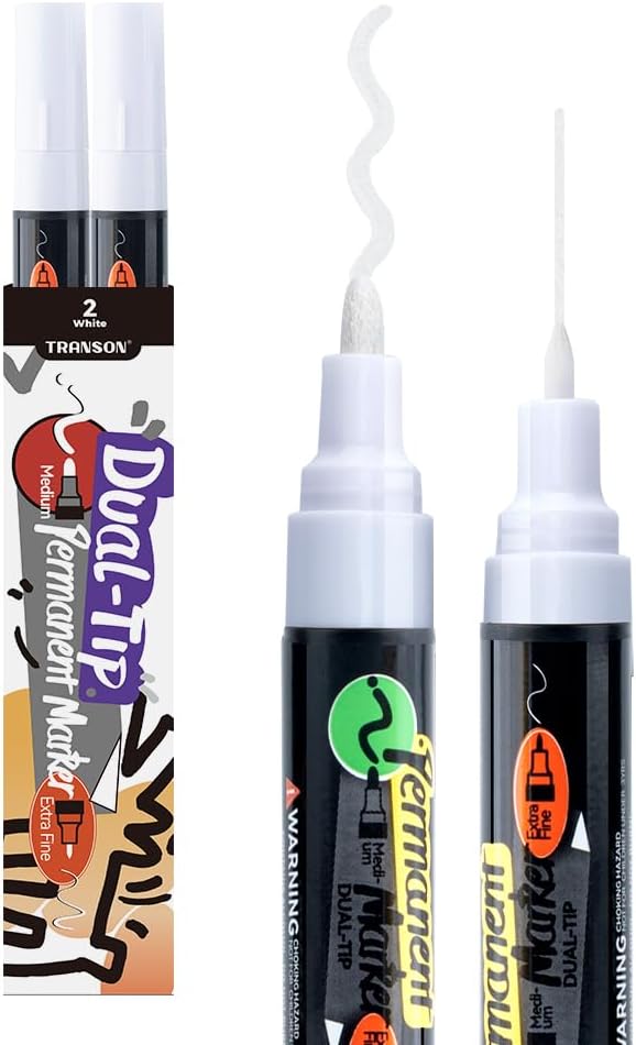 TRANSON 2 White Dual-tip Permanent Paint Markers Oil Based Waterproof