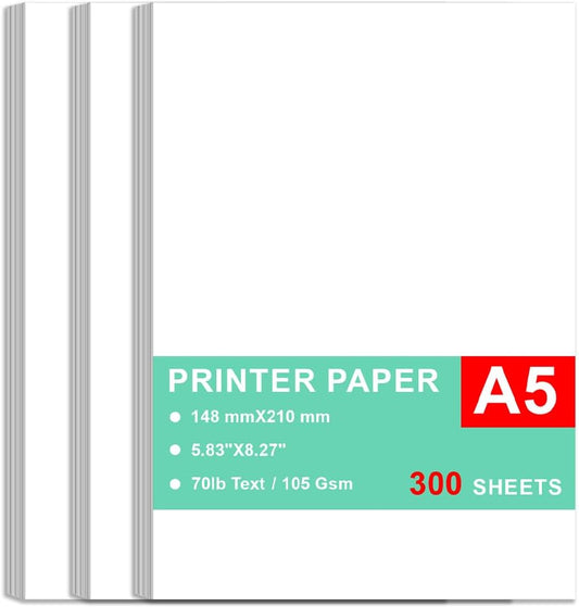 Printer Paper - 300 Sheets, A5 Premium Bright White Paper, 28lb Bond / 70lb Text (105 gsm) Bright White Paper – Great for Copy, Printing, Writing, 5.83" x 8.27" (148 x 210 mm)