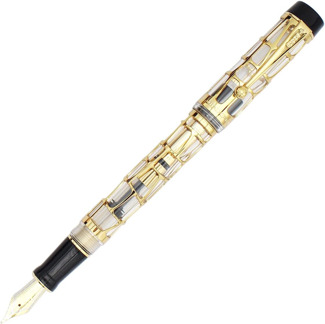 Gullor Century 100 Fountain Pen, Skeleton Hollow-out Series Golden, Screw-Cap, Fine Nib, Transparent