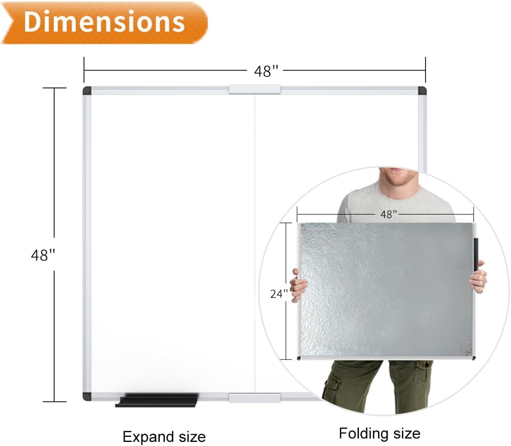 VIZ-PRO Large Dry Erase White Board/Magnetic Foldable Whiteboard, 48 X 48 Inches, Silver Aluminium Frame