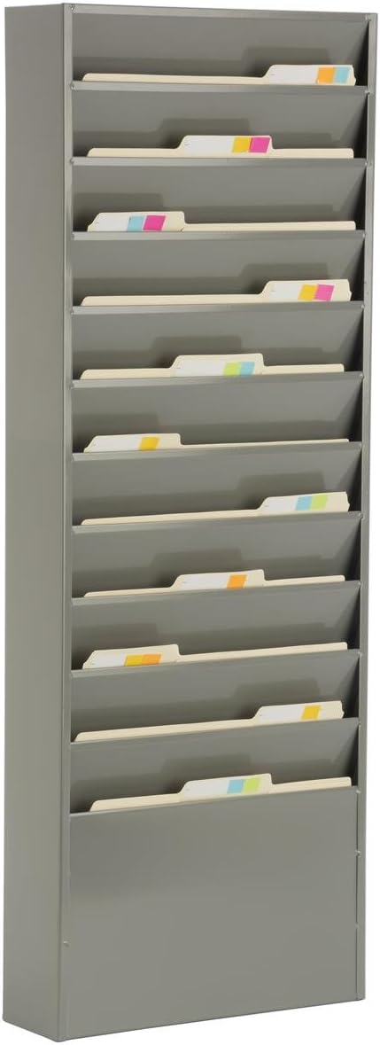 Displays2go Office File Folder Wall Rack, 11 Tiered Pockets, Medical Chart Folders (Gray Powder Coated Steel)