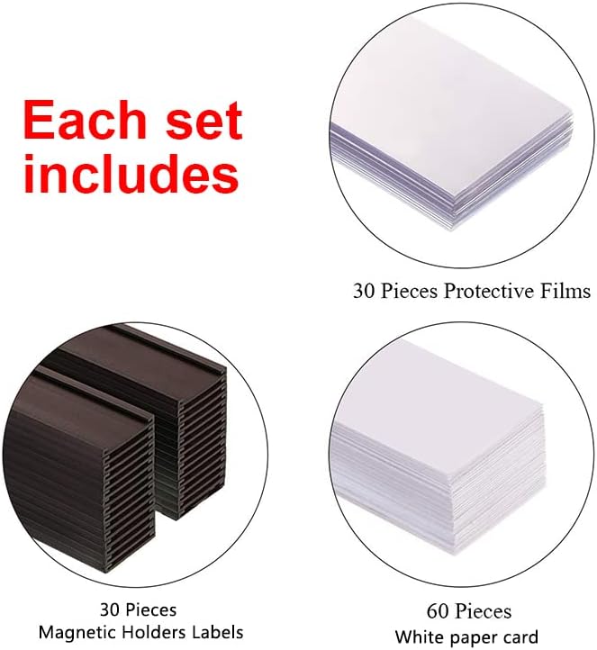 C Channel Magentic Label Holders 1x3 Inches with Paper Inserts and Clear Plastic Protectors, Pack of 30, Magnetic Data Card Holders File Cabinet Labels