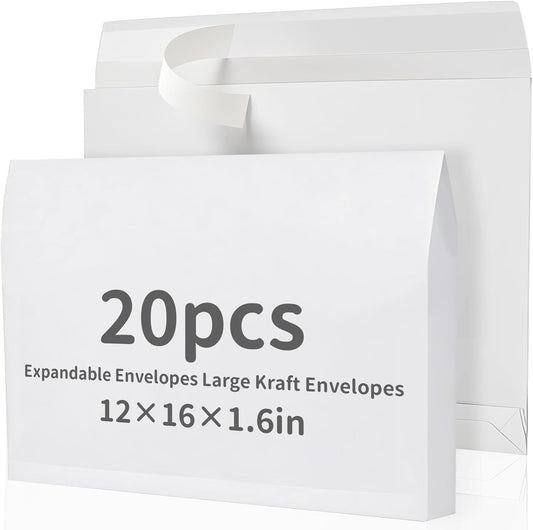 20 Pcs 12 x 16 x 1.6 Inch Large Expandable Catalog Envelopes Manilla Kraft Peel and Seal Envelopes Light Large Mailing for Office Home Documents Magazines Photos Storage Organizing (White)