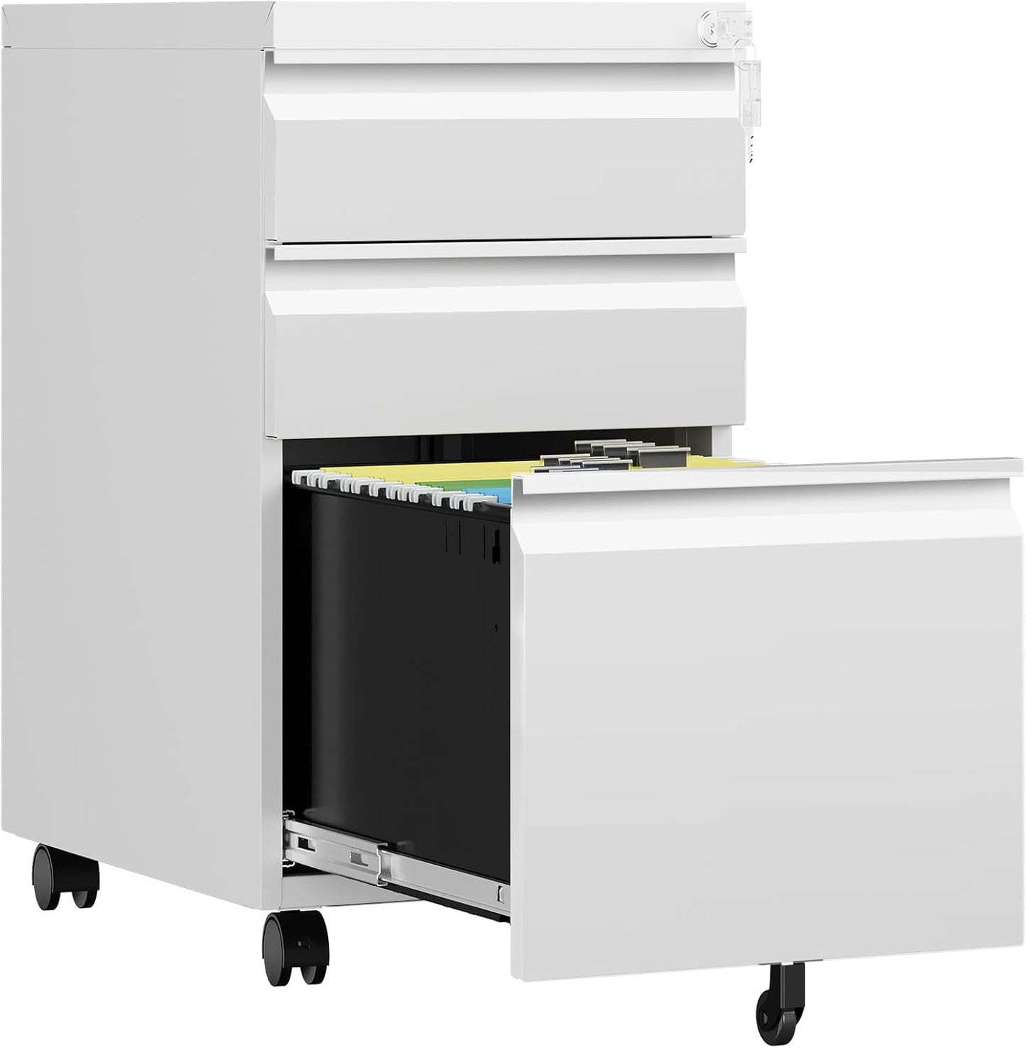 3 Drawer Mobile File Cabinet with Lock, Rolling File Cabinets for Home Office, Under Desk Small File Caninet on wheels, Metal Vertical White Filing Cabnet for Legal/Letter/A4 - Assembly Required