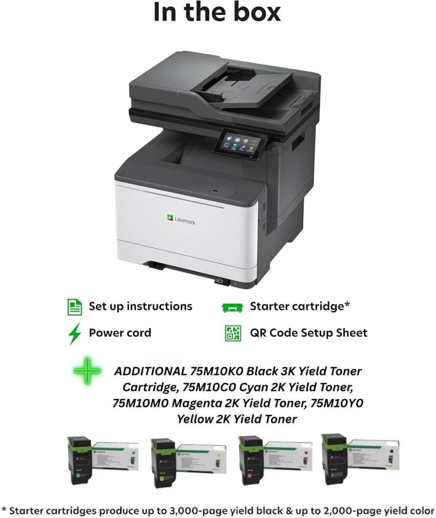 Lexmark CX532adwe Color Laser Wireless All-in-One (50M7040) Bundle with 75M10K0 Blk 3K Yield Toner, 75M10C0 Cyan 2K Yield Toner, 75M10M0 Magenta 2K Yield Toner, 75M10Y0 Yellow 2K Yield Toner